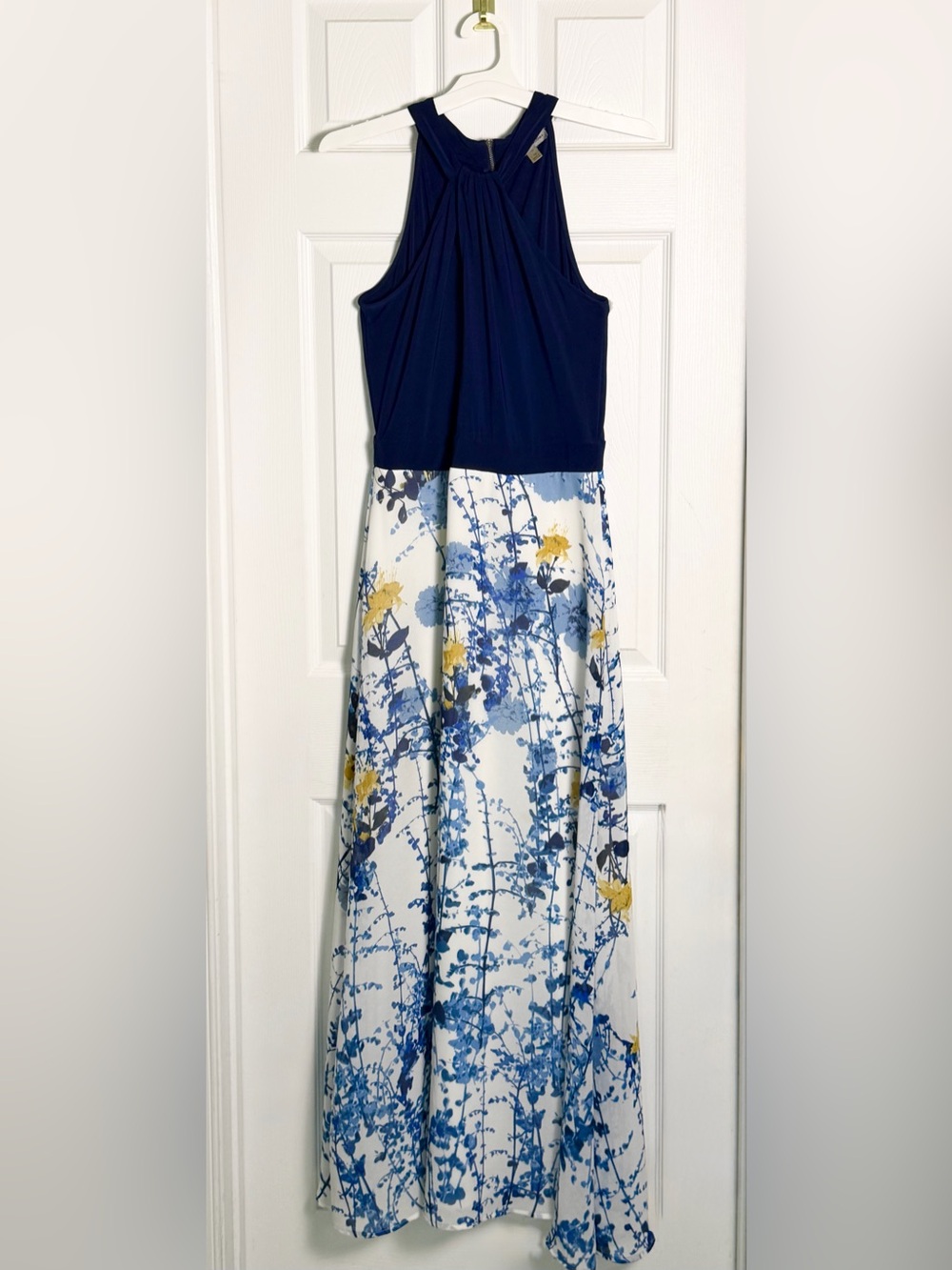 Danny & Nicole Floral Halter Maxi Dress Navy Blue White Yellow Size 12